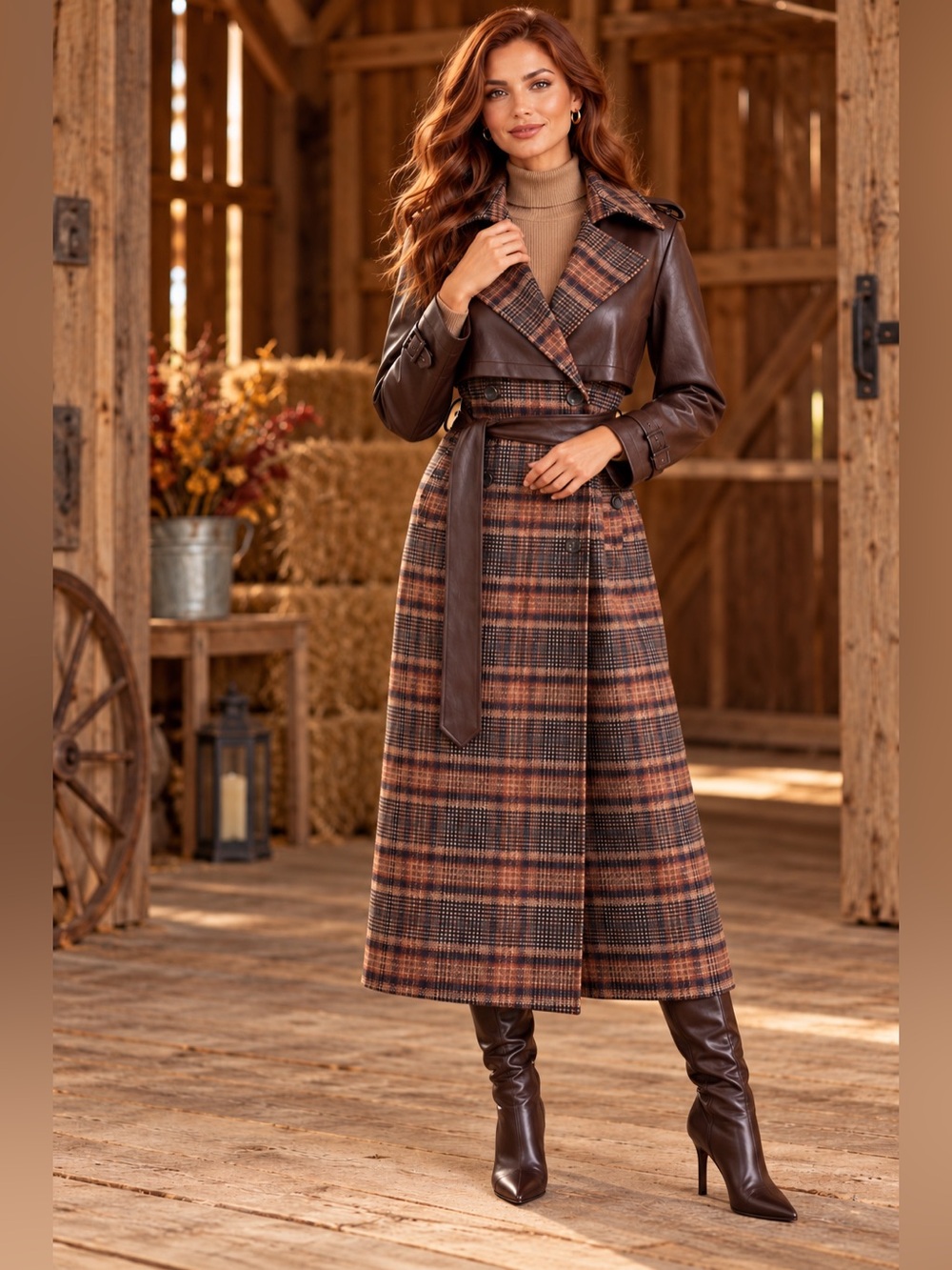 Avec Les Filles Brown Plaid and Chocolate Faux Leather Trench Coat
